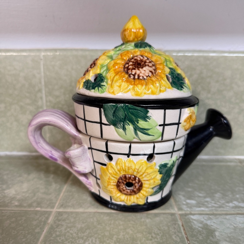 Vintage 1992 Fitz and Floyd Sunflower Watering Can Potpourri Jar Garlic Keeper